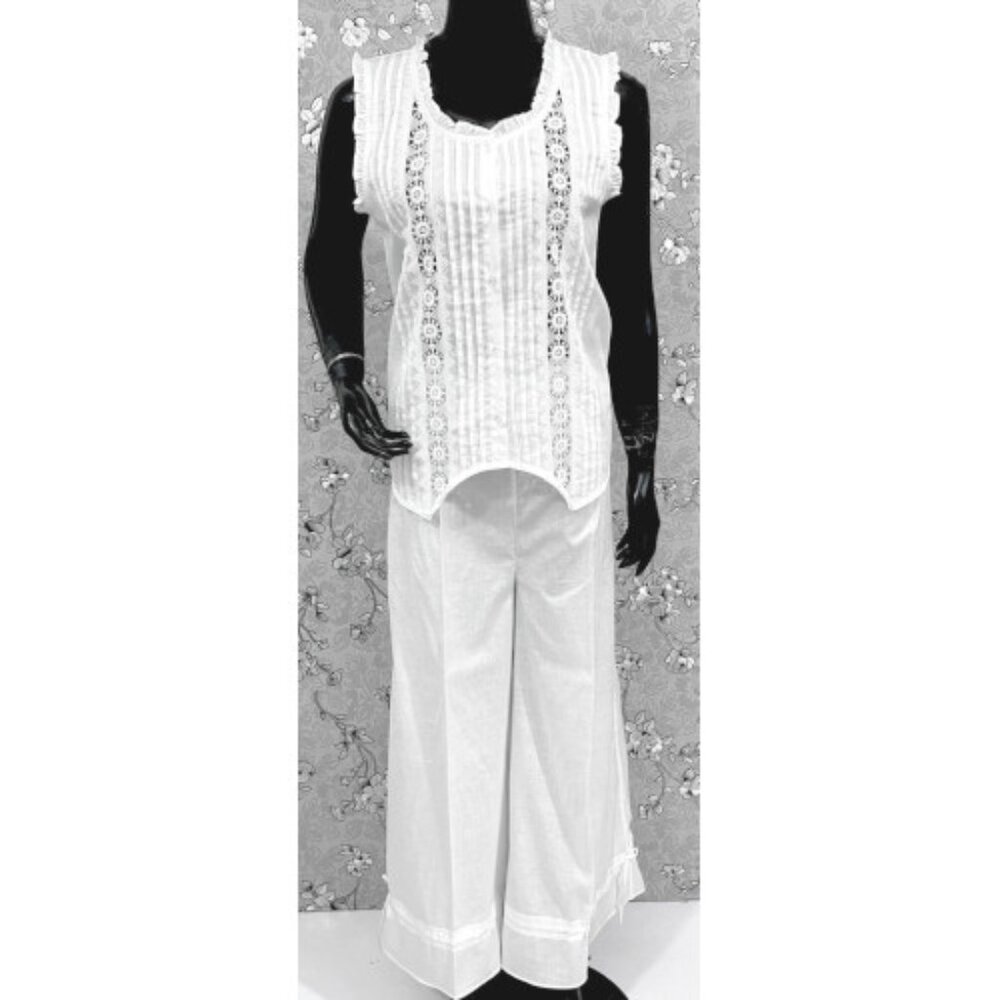 Victorian White 100% Cotton Pajama Set with Wide Leg Pants - SoieRose SR1175